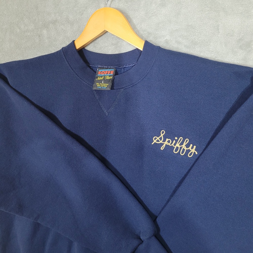 Vintage Spiffy SOFFE Mens Large Fleece Sweatshirt Navy Blue Embroidered Pullover